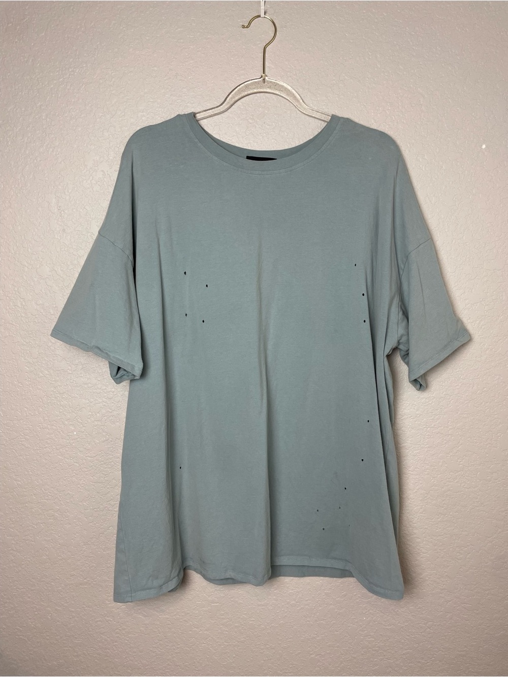 Vici Oversized Distressed Washed Cotton Crewneck Tee in Blue Sage Green Size M/L